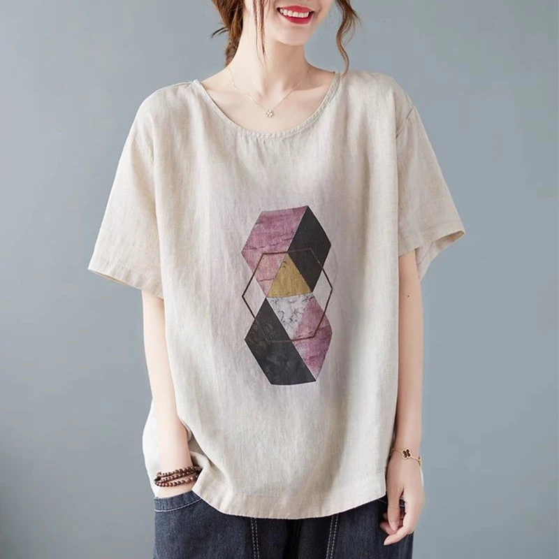 

Women Summer Thin Geometric Printed Casual Round Neck Short-sleeved Top