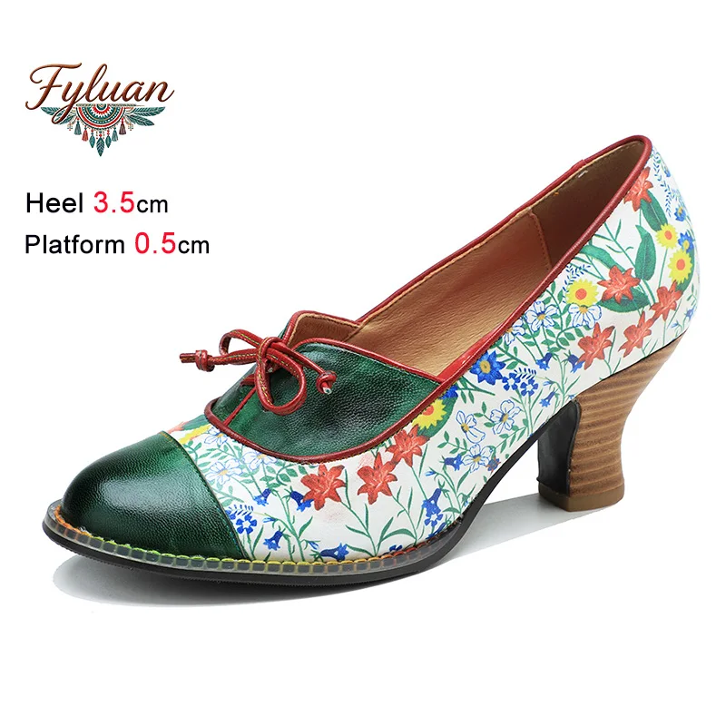

Designer Print Single Shoes Retro Shallow Women color blocking sheepskin Shoes 3.5CM Thick Heel Spring New Bohemian Style Pumps