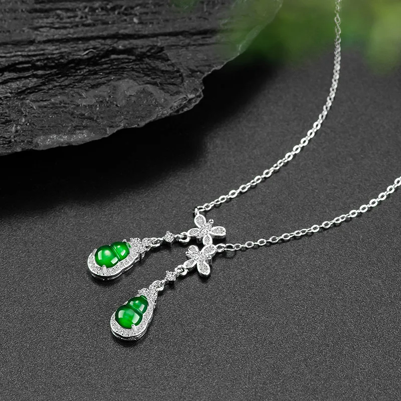 New Pure natural A-grade jade Yang green double gourd pendant S925 silver inlaid ice jade women's fashionable chain accessory