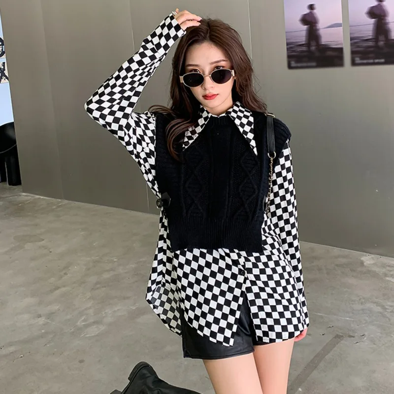 Women\'s Long Sleeve Turn-down Collar Long Button Down Plaid Shirt Blouse Tops Girls Casual Loose Shirts Tunic Blouse