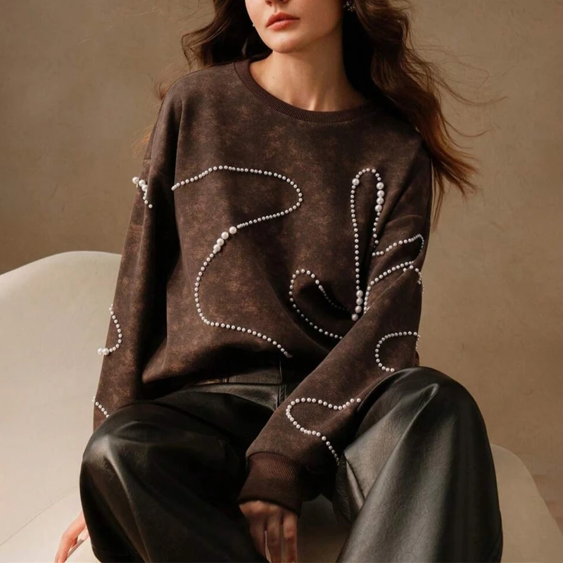 

2025 Spring and Autumn New Pearl Willow Nail Washed Water Used Hoodie for Women Loose and Versatile