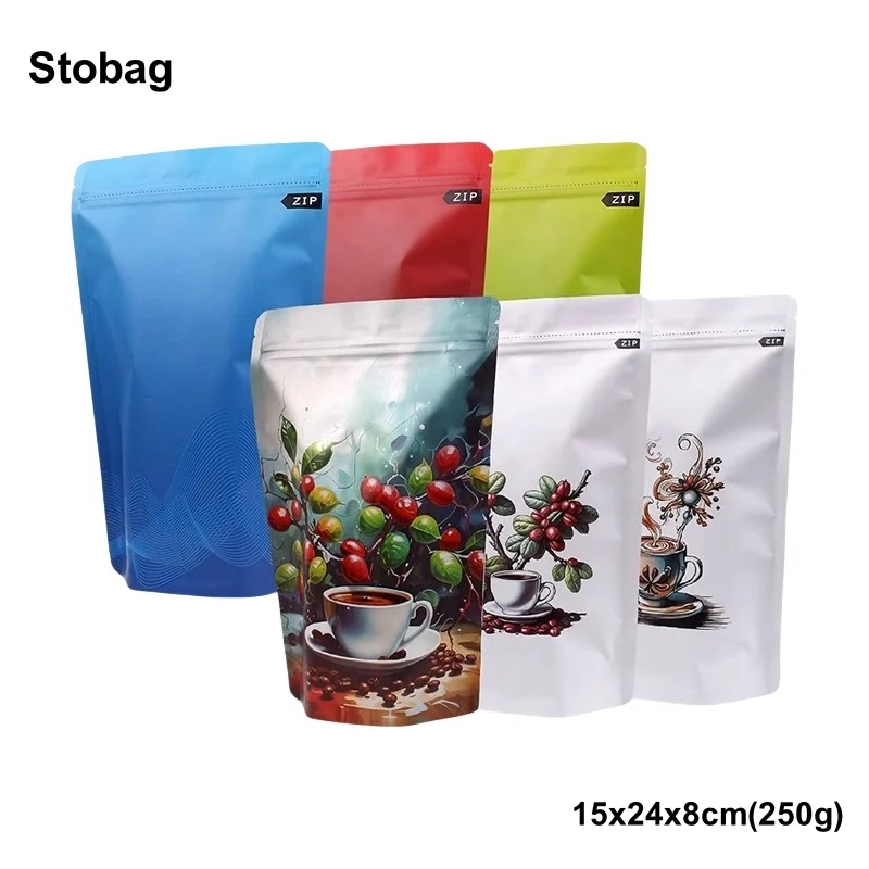 

StoBag 20pcs 250g Coffee Beans Packaging Bag No Valve Aluminum Foil Sealed for Powder Food Nuts Storage Stand Up Reusable Pouch