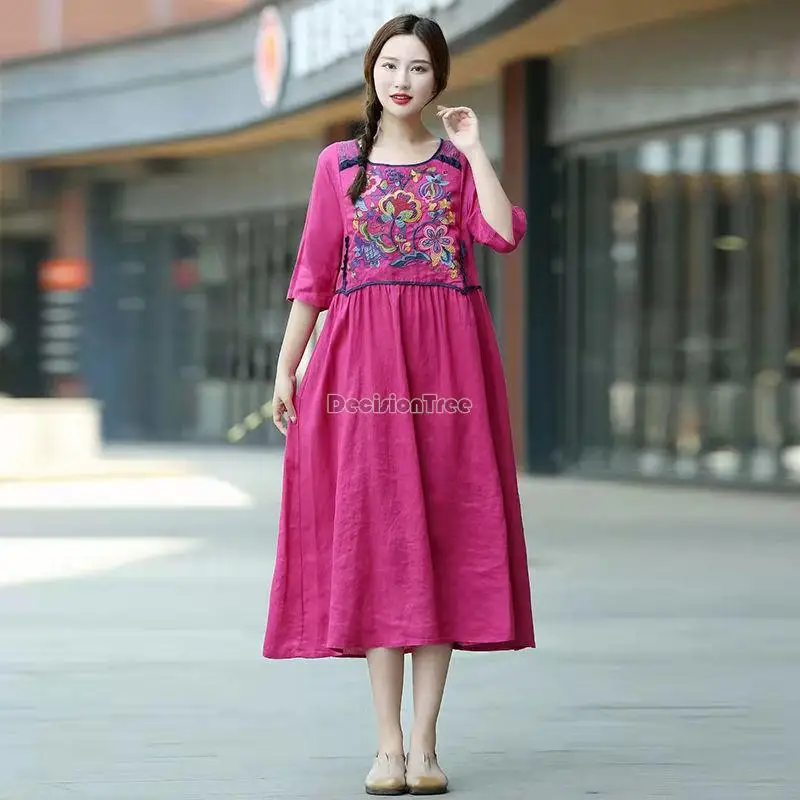 2023 chinese summer new national style embroidery loose half sleeve thin cotton and linen round collar women causal dress g571