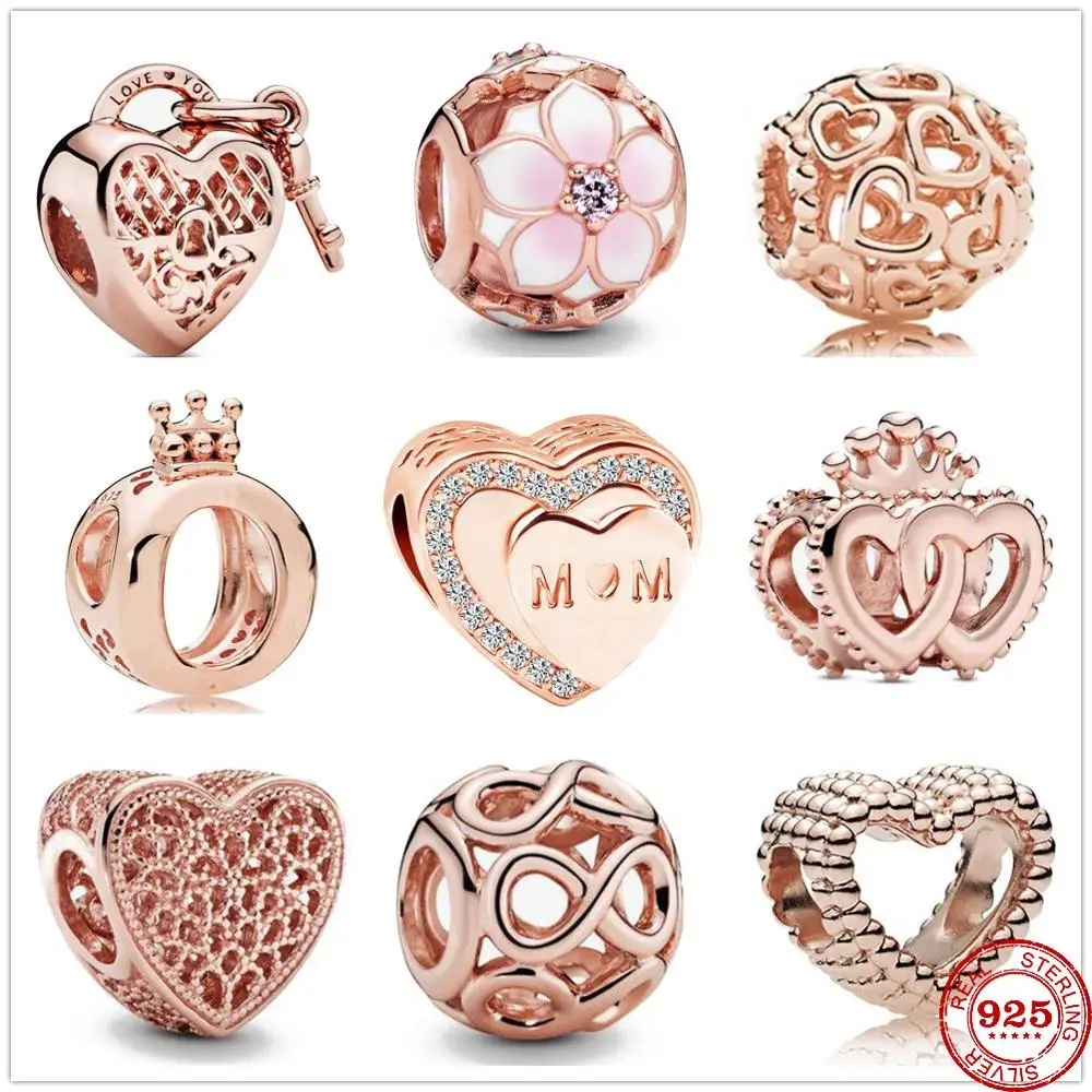 New Original 925 Sterling Silver Love You Heart Padlock MOM Bead Charms Rose Gold Fit Pandora charm Bracelets Women DIY Jewelry