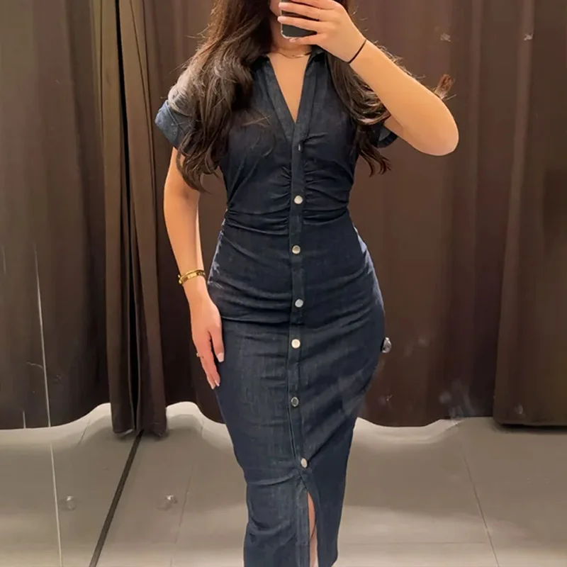 

TOY-2025New Women's Fashion Elegant Fashionable Short Sleeve Turn-down Collar Single-breasted Dress