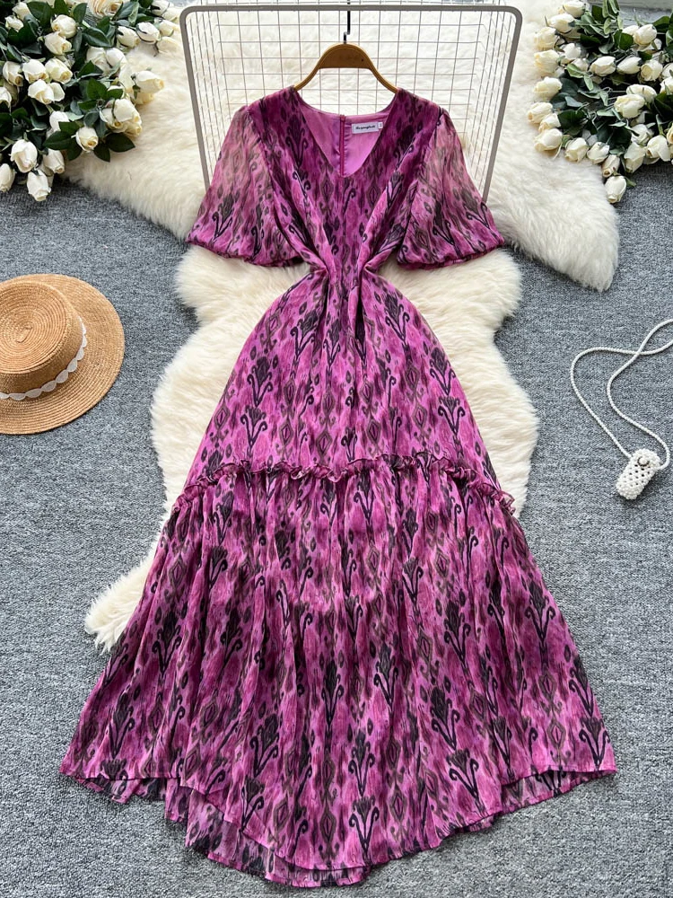 فستان أنيق بياقة على شكل V وأكمام قصيرة مع نقشة زهور للنساء، فستان صيفي طويل بخصر ضيق وتنورة متوسطة الطول من البوليستر بتصميم... #4