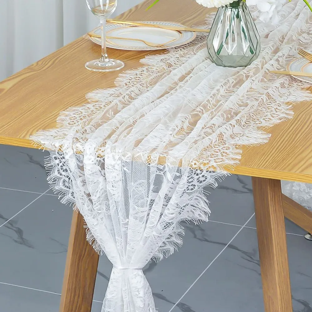 

White Color Lace Table Runner Floral Embroidery Rectangular Shape Vintage Table Runners European Style Comfortable