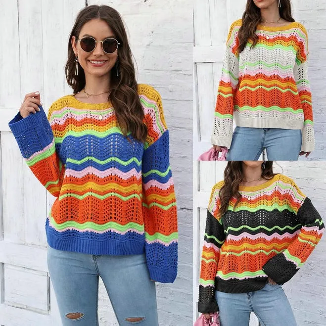 여성용 레인보우 스트라이프 패치워크 스웨터 가을 겨울 신상 슬리 스트리트 슬리 롱 스웨이트 원숄더 니트 탑