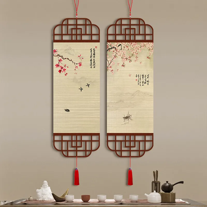 Bamboo Mat Wall Hanging Chinese Blooming Prosperity Floral Art Birds and River Boat for Tea Room and Entryway Decor