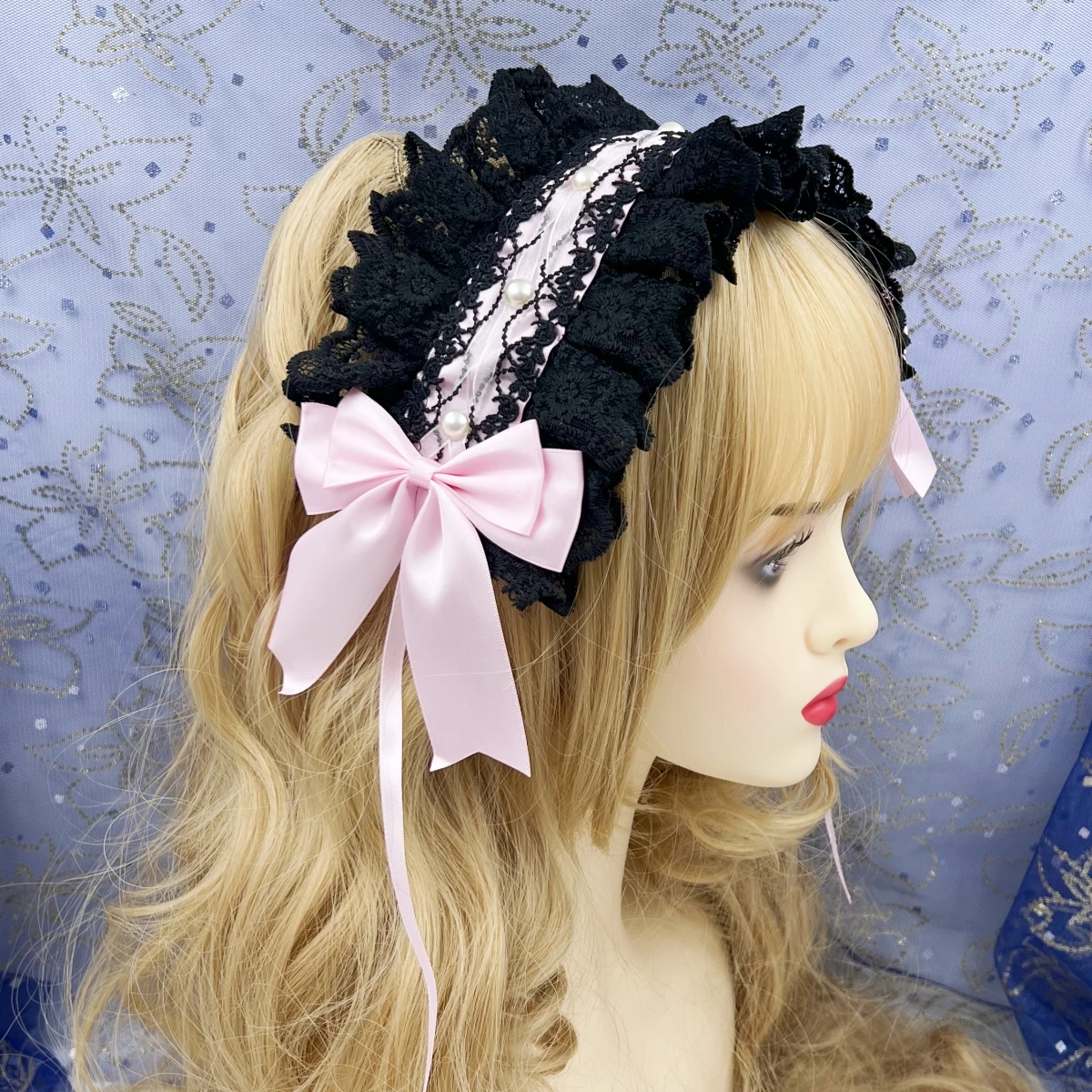 Forcina per capelli larga in pizzo da donna barocca Lolita fascia per capelli con fiocco laterale in raso senza Clip a becco d\'anatra accessori per