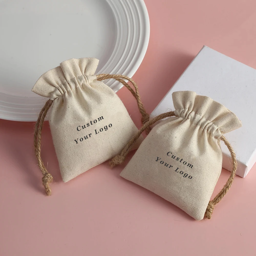 

50pcs Cotton Burlap Jewelry Bag Custom Logo Nature Canvas Gift Bags for Necklace Earring Ring Soap Organizer Pouch Wedding Favor