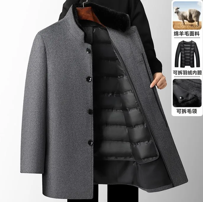 Mens Trench Coat Long Overcoat Men England Style Wool Coat Men Thick Detachable Duck Down Liner Woolen Coat Mens Winter Warm