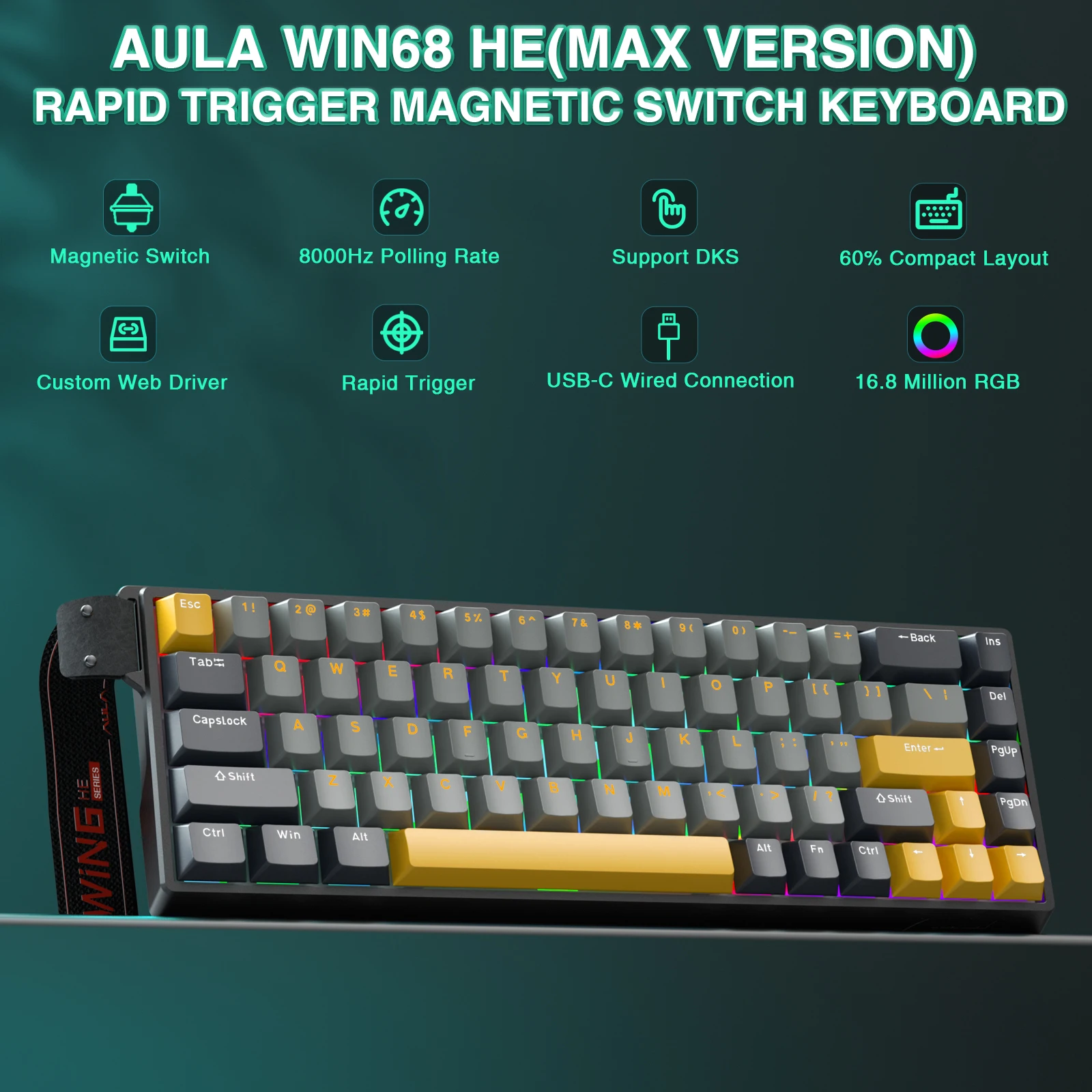 AULA WIN68 HE Pro Max Esports Magnetic Keyboard Wired Rapid Trigger 8K Return RGB Hotswap 68% Low Latency Custom Gaming Keyboard