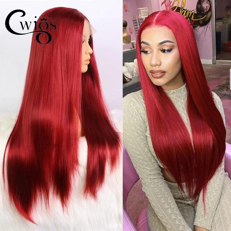 Cwigs Wine Red Long Straight Synthetic Lace Front Wig Burgundy Transparent Lace Frontal Wig Synthetic Wigs for Women Cosplay