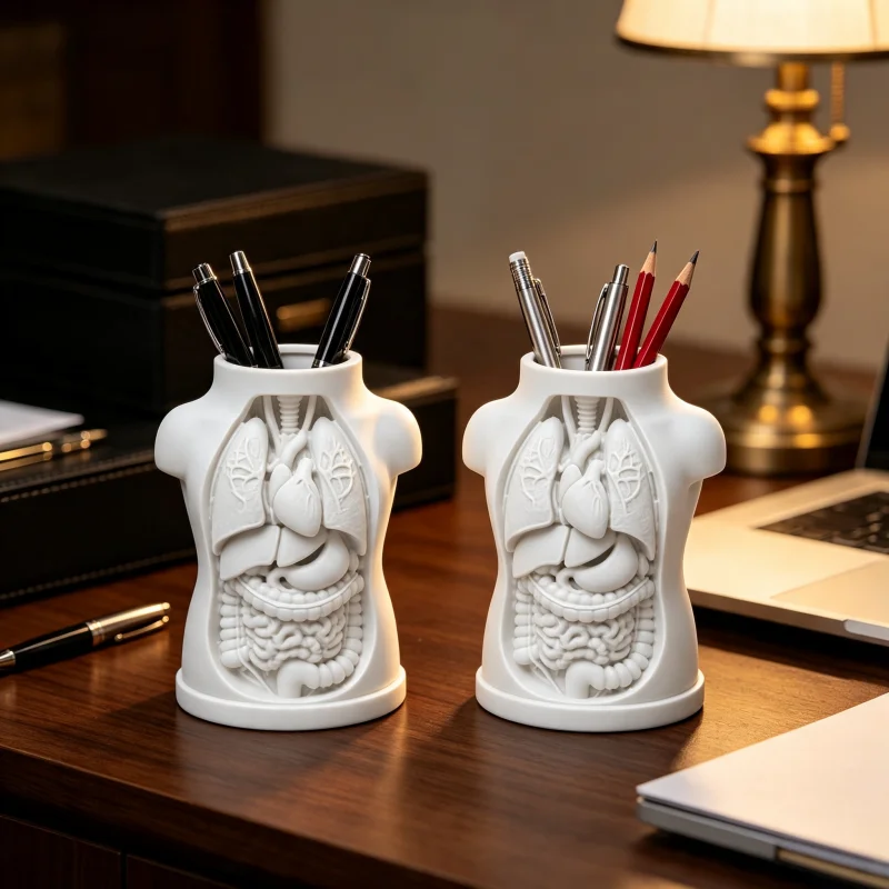 2-Piece Set 3D Printed Petg Material Human Anatomy Pen Holder, White Torso Relief Anatomical Design Pen Cup, Realistic Chest and Abdomen Internal Organs Detailed Structure Desktop Storage Box, Large Capacity Stationery Organizer, Pen Organizer, Creative Gift for Medical Students, Doctors, Nurses, and Healthcare Workers, Biology Teacher Gift, Home Office Desktop Decoration, Durable and Unique Novelty Item, Medical Teaching Model