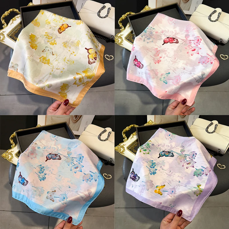 

70X70Cm Butterfly Dance Flower Elegant Printed Scarf Women'S New Silk Scarf Fashionable Versatile Shawl Scarf