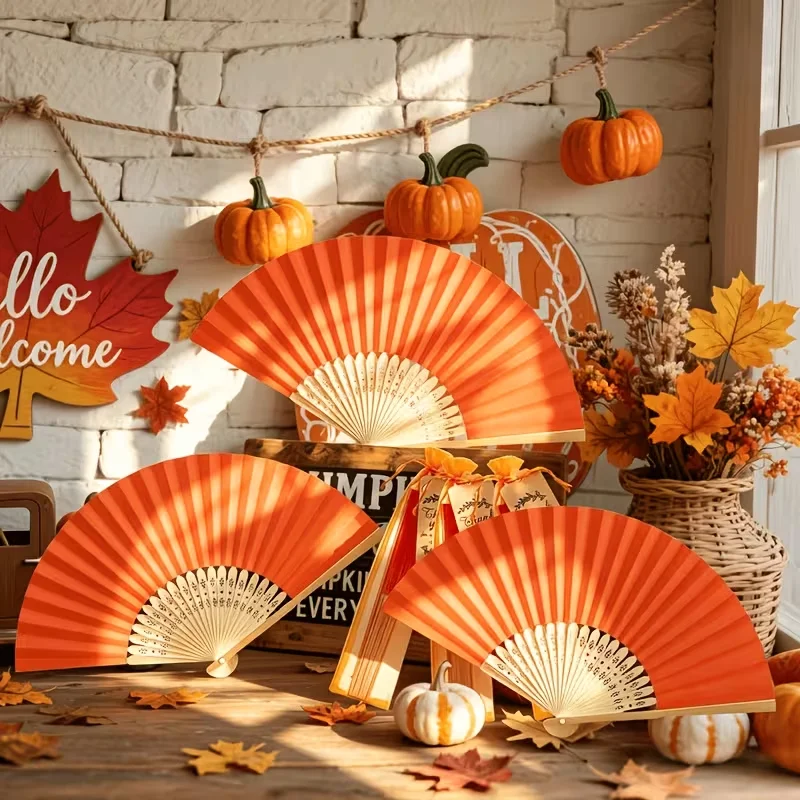 5Sets/10Sets/15Sets/20Sets Orange Paper Folding Fans, Personalized Custom Logo Laser-Engraved Name Paper Fans Suitable for Weddings, Bridal Showers—Orange Handheld Paper Fans with Thank You Cards and Gift Bags, Can Be Used as Wedding Favors, Church Events, Women's Gifts, Perfect for Mother's Day, Graduation Season, Valentine's Day, Christmas - view 3