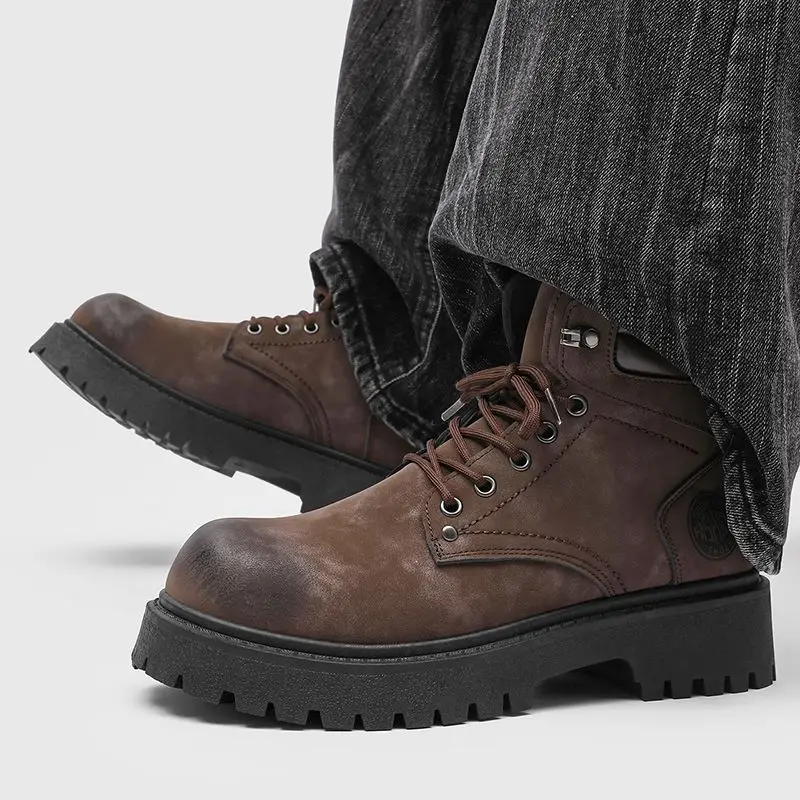 New Men British Style Yellow Retro Ankle Boots Height Increasing Workwear Motorcycle High Top Winter Snow Boots