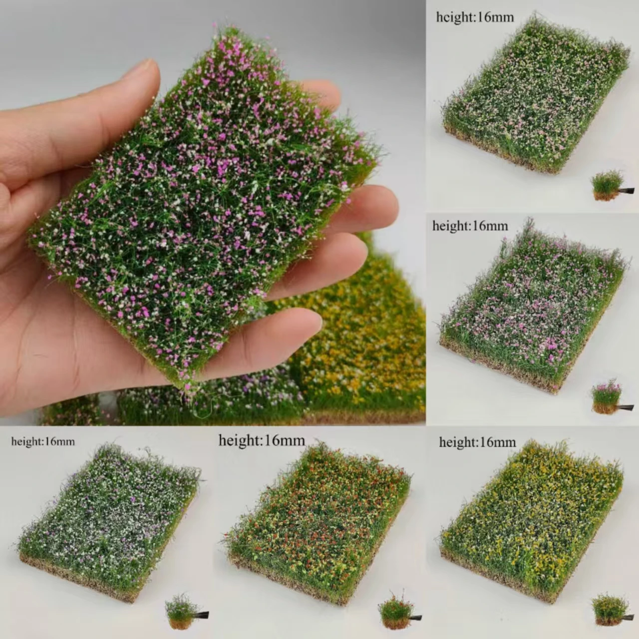 Racimo de flores de 16mm, mechones de hierba y flores, modelo de paisaje estático, miniatura DIY para paisaje de tren, paisaje ferroviario