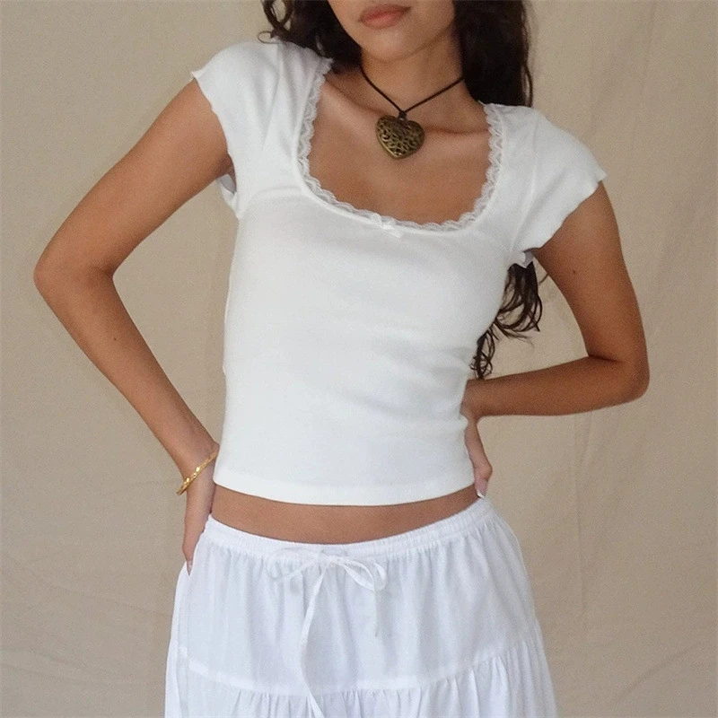 y2k Vintage Baby Tee Cottage Lace Trim Knitted T-Shirt Summer Square Neck Short Sleeve Tee Shirt Women White Milkmaid Crop Top