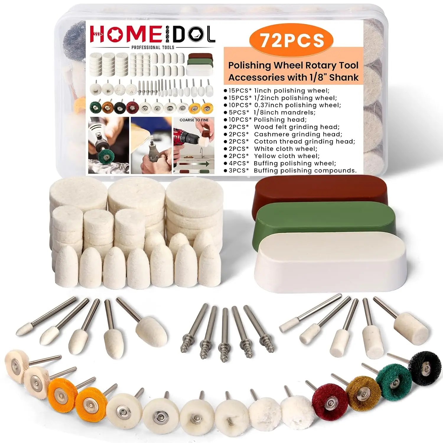 

72 Pcs Polishing Wheel Kit for Rotary Tools, 1/8" Shank, with Compound, Abrasive Buffing Wheels, Felt & Cotton