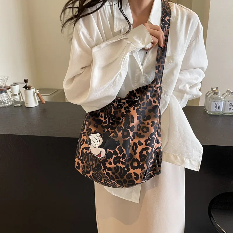 Bolso de mano de leopardo de gran capacidad de Mickey Mouse de Disney, bolso de hombro tipo mensajero informal a la moda de verano para mujer, bolso cruzado de Minnie