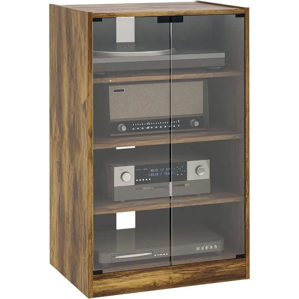 4-Tier Rustic Brown Stereo Cabinet with Adjustable Shelves, Glass Doors, and Cable Management for Vinyl Records and Gaming Conso