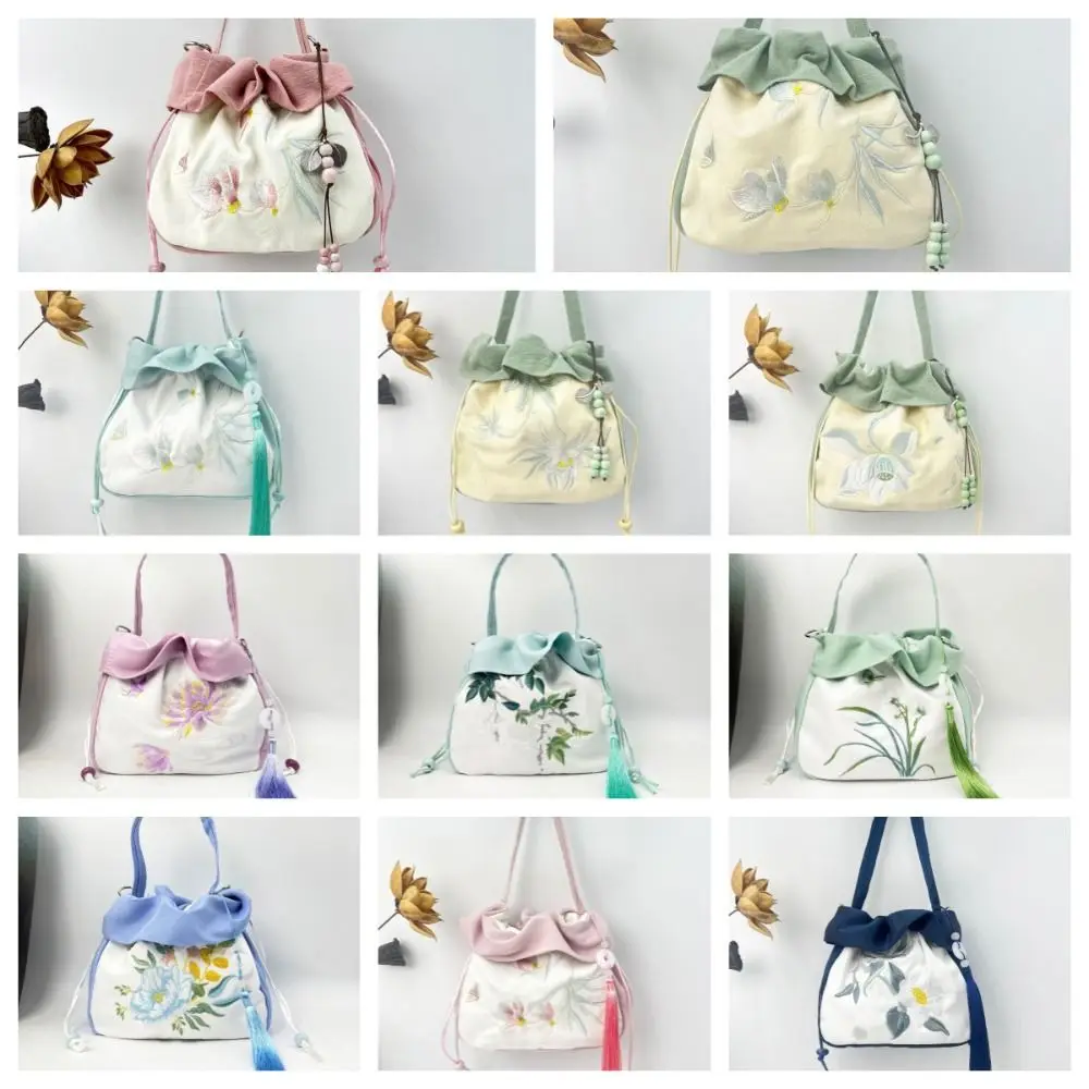 New Chinese Style Flower Drawstring Bucket Bag Handbag Rabbit Embroidery Crossbody Bag Floral Coin Purse Small Messenger Bag