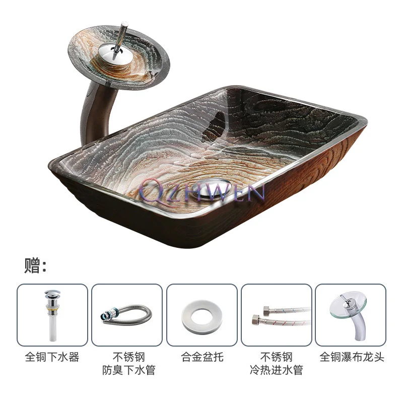 

Brown Hot Melting Bathroom Washbasin Rectangle Glass Sink Home Decoration Bathroom Cabinet Countertop Sink with Faucet Set