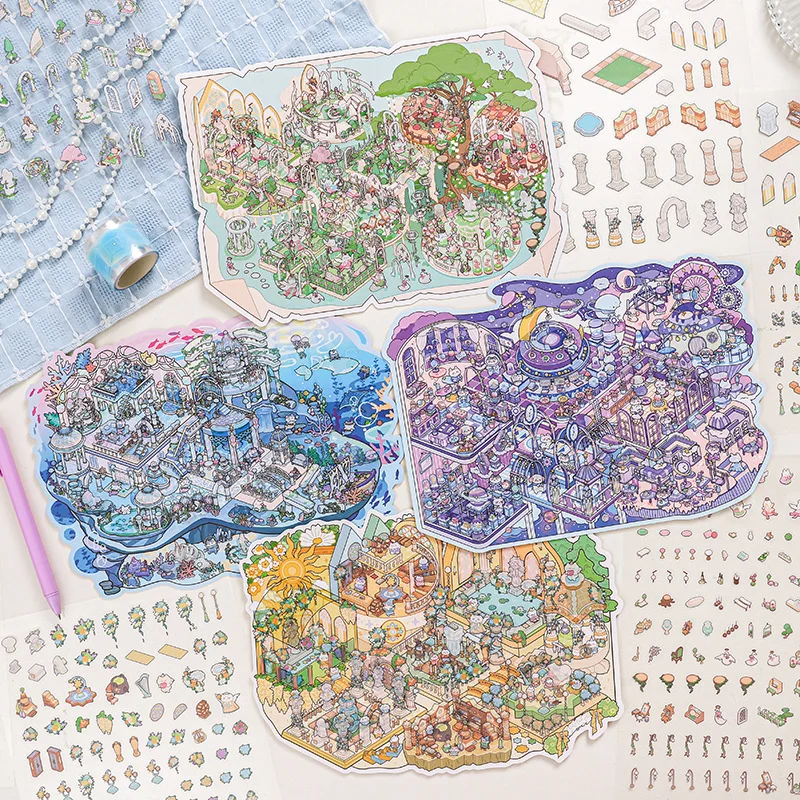 

Cartoon Miniature Scene 4 pcs 3D Landscaping Stickers DIY Cabin Scene Stacking and Pasting Hand Account Cute decorative sticker