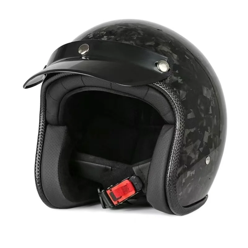 

Forged Bright Black Open Face Helmet Carbon Fiber Retro Style Classic Cafe Racer Look with Modern Safety DOT Approved