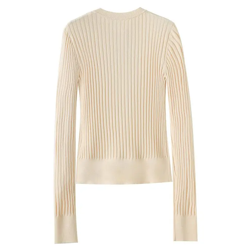 Slimming Effect Knitted Open Cardigan Short Style round Neck Button Design Long Sleeve Women's Thin Outerwear European Style