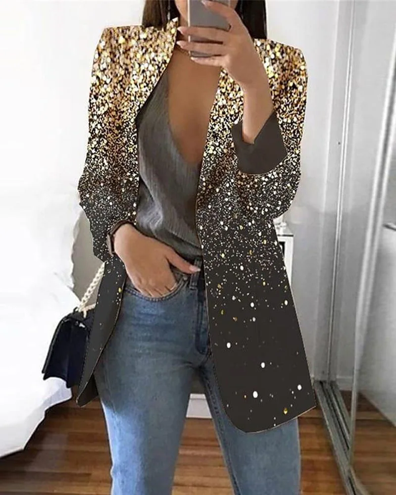 

Fashionable Women's Printed Coat Long Sleeve Glitter Polyester Suit Jacket Commute Style V-Neck Single Button Mid-Length Stra...