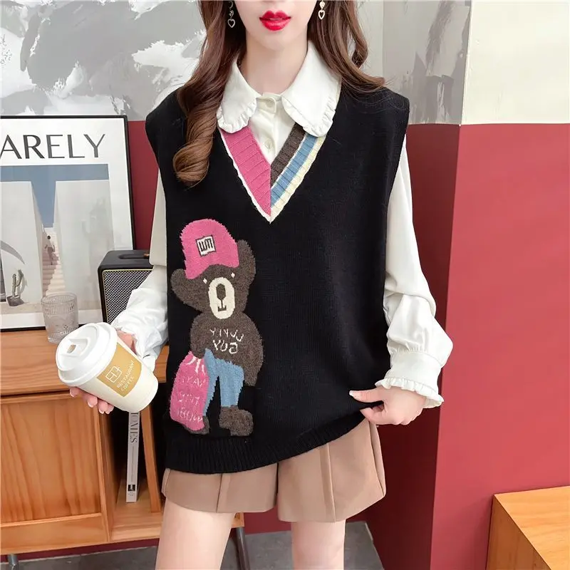 Autumn and Winter Women\'s Pullover V-neck Patchwork Cartoon Screw Thread Loose Knitted Sweater Fashion Casual Sleepless Tops