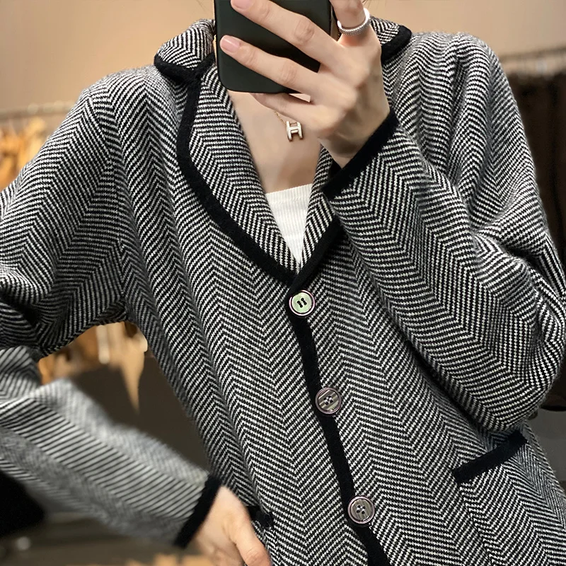 Autumn Winter Women Pure Cashmere Wool Suit Coat Sweater Casual Knitted Tailored Collar Cardigan Thickening Outwear Soft Jacket