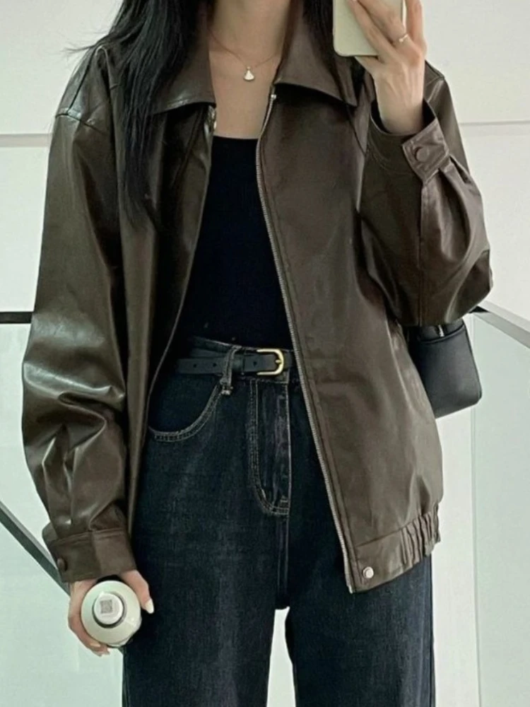 

Brown Casual Moto Leather Jacket Women Vintage High Street Fashion Leather Jacket Female Loose Korean Summer Punk Style Coat New