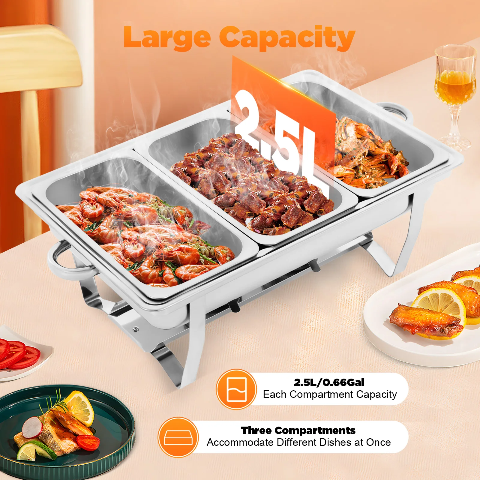 

410 Stainless Steel Buffet Chafing Dish 3 Compartments Warm/Cool Function Energy-Saving Durable for Party/Catering