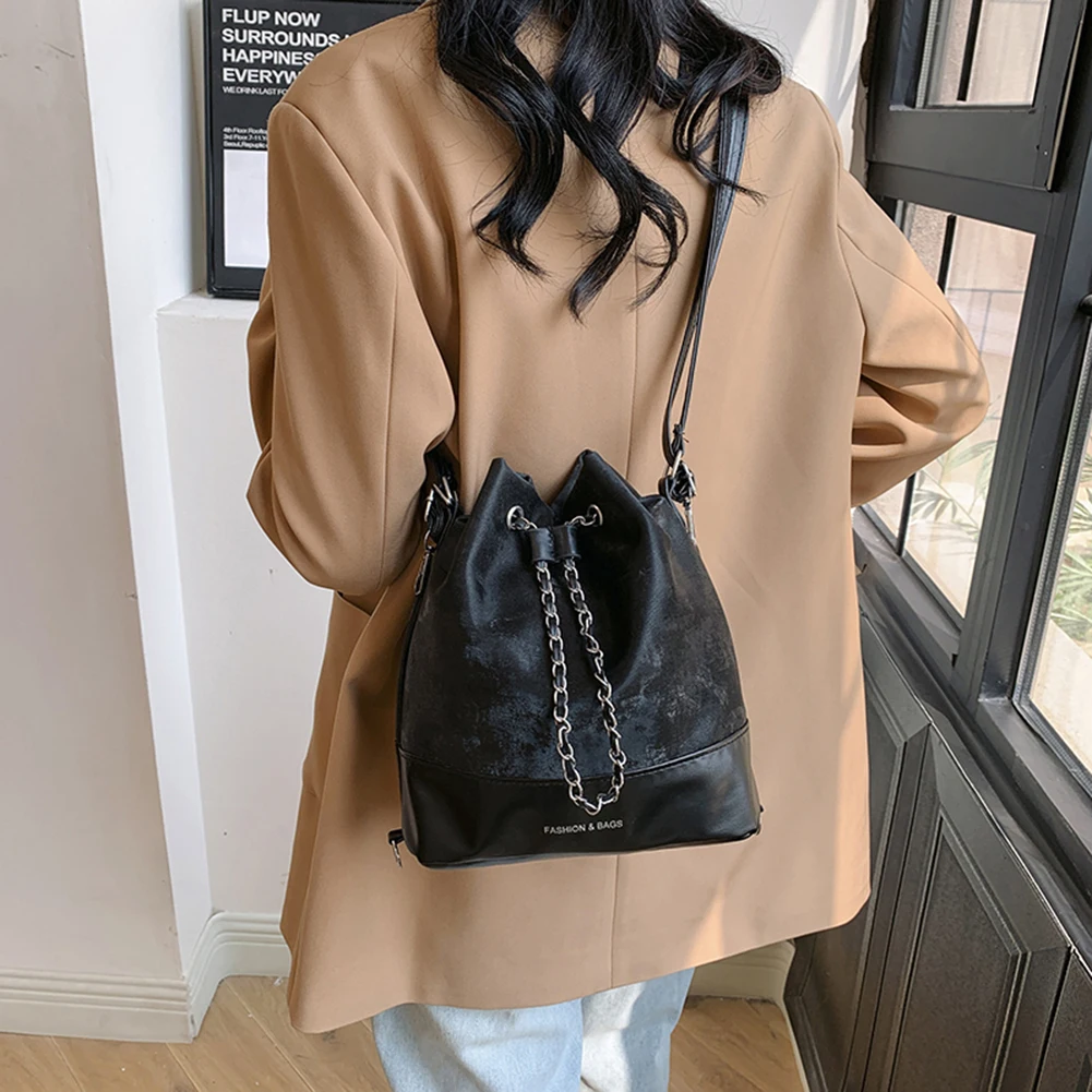 Women Fashion Shoulder Bag Large Capacity PU Drawstring Bucket Bag Chic Hobo Bag Solid Color Adjustable Strap for Outdoor Travel