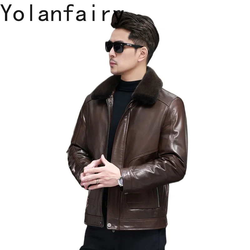YOLANFAIRY High-end 100% Goatskin Genuine Leather Jacket Men Luxury Warm Winter Whole Mink Fur Liner Parkas Natural Fur Coat Man