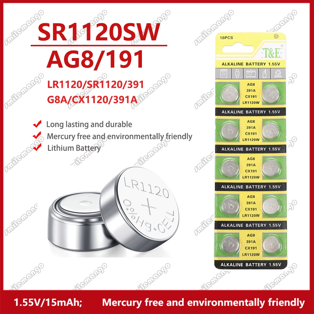 Pilas alcalinas de botón, pila de 40 piezas-200 piezas LR1120 AG8 391 SR1120SW SR1120 LR1120W LR55 CX191 191 1,5 V