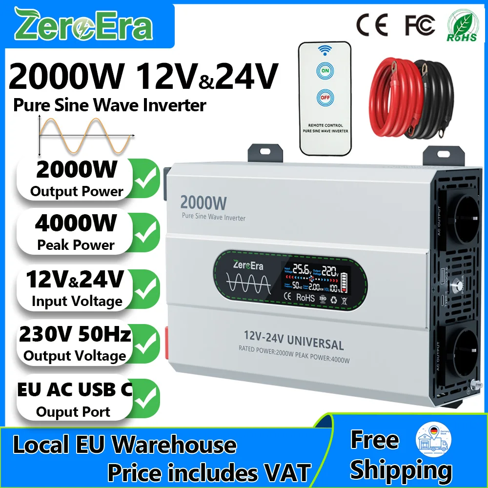 ZeroEra 12V 24V Dual-Voltage 2000W Reiner Sinus-Wechselrichter zu AC 230V 50Hz Tragbarer Spannungswandler für LKW, Wohnmobil, Camper, Reisen mit Fernbedienung, USB-C-Anschluss, EU-Steckdosen,