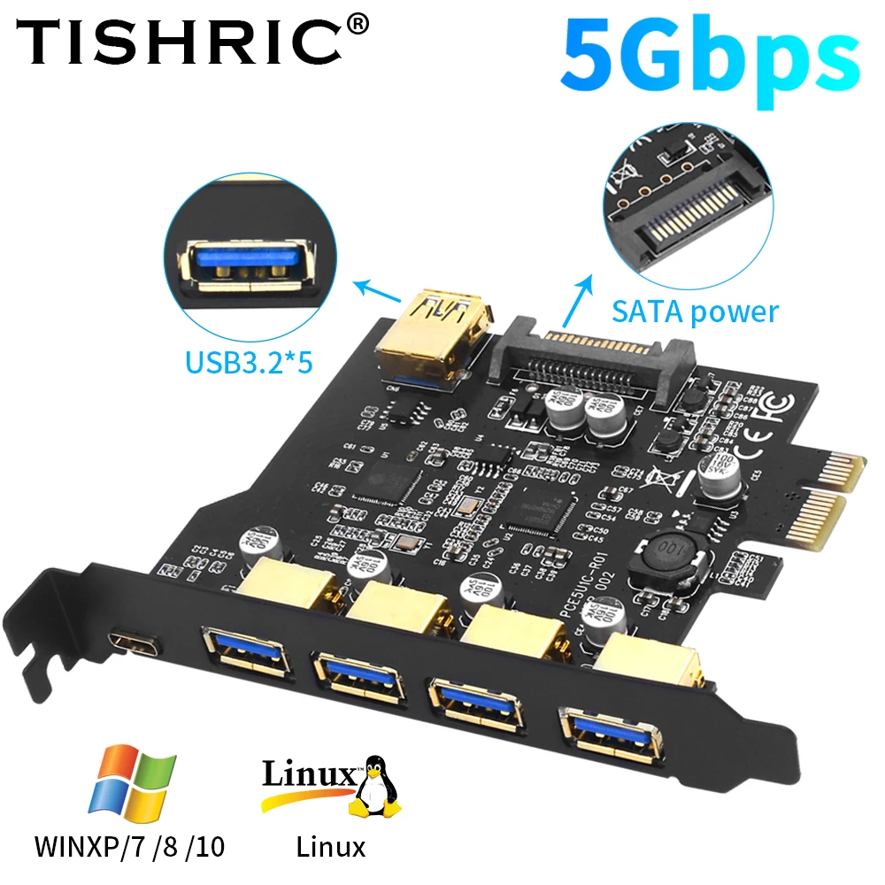 

TISHRIC PCIE 1X To 5 Port USB3.2gen1 Type-C Expansion Card D720201 Main Control PCBA Board Controller Riser Card