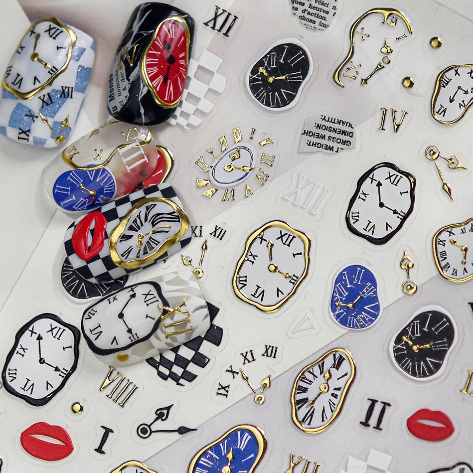 

Punk Irregular Clock Pattern Gold Metal Block Planet Stars Moon Starlight Rhinestones Love Heart Laser Nail Art Stickers Decals