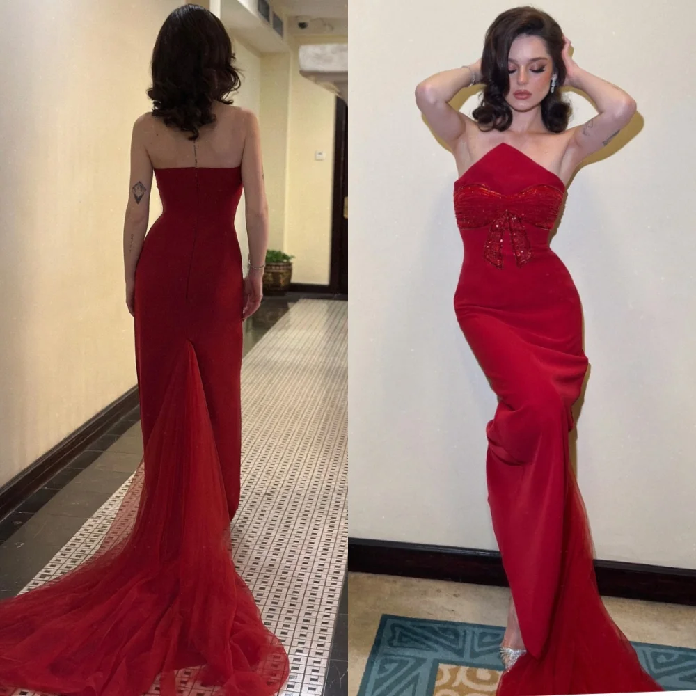 

Customized Elegant Jersey Evening Dress Exquisite Strapless Sleeveless Celebrity Gowns High Quality Special Occasion Gowns