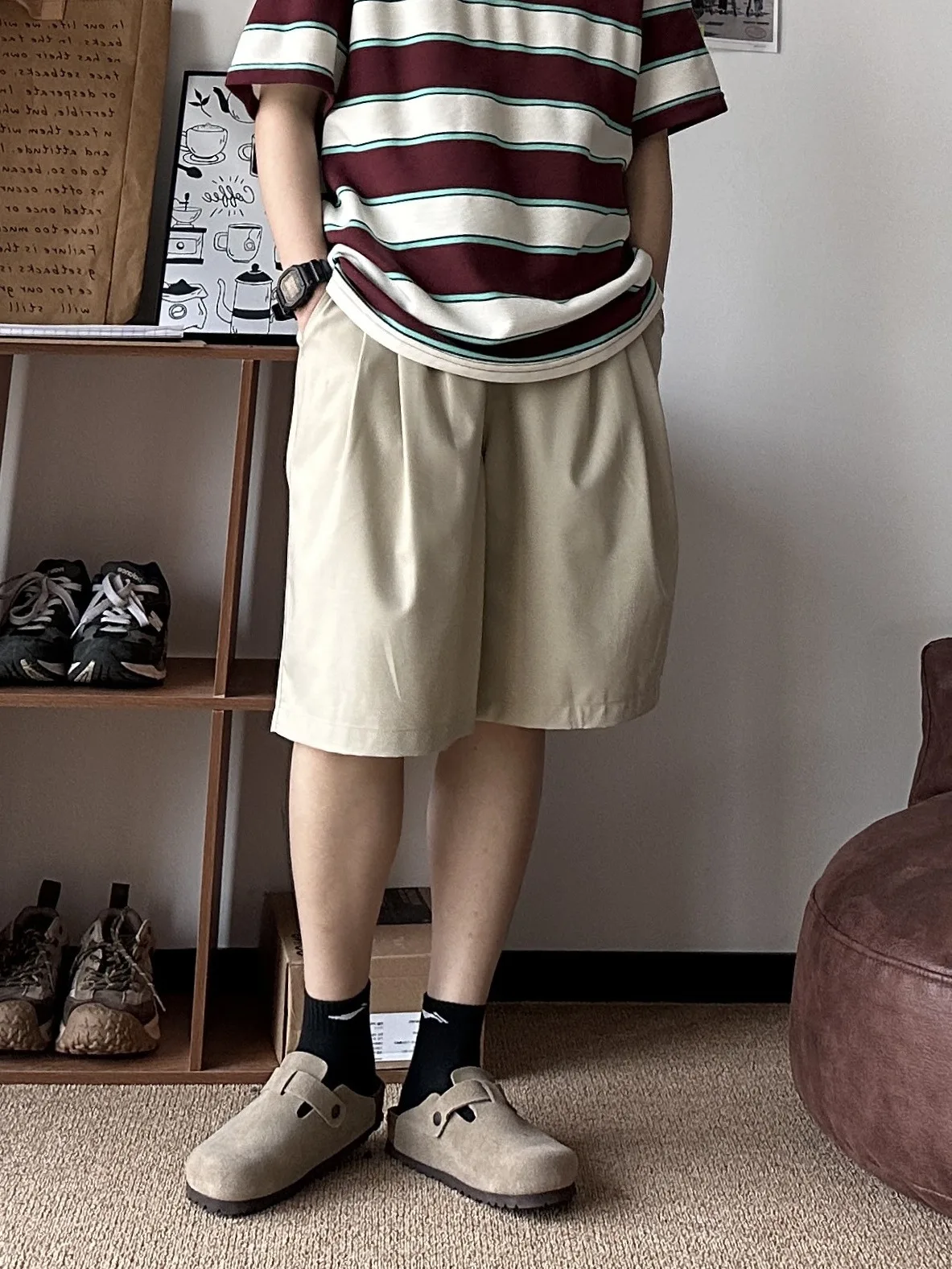 

Smooth Casual Men's Five-Quarter Wide Leg Pants Set with Striped T-Shirt Summer Youth Active Style Loose Fit Regular Thickness