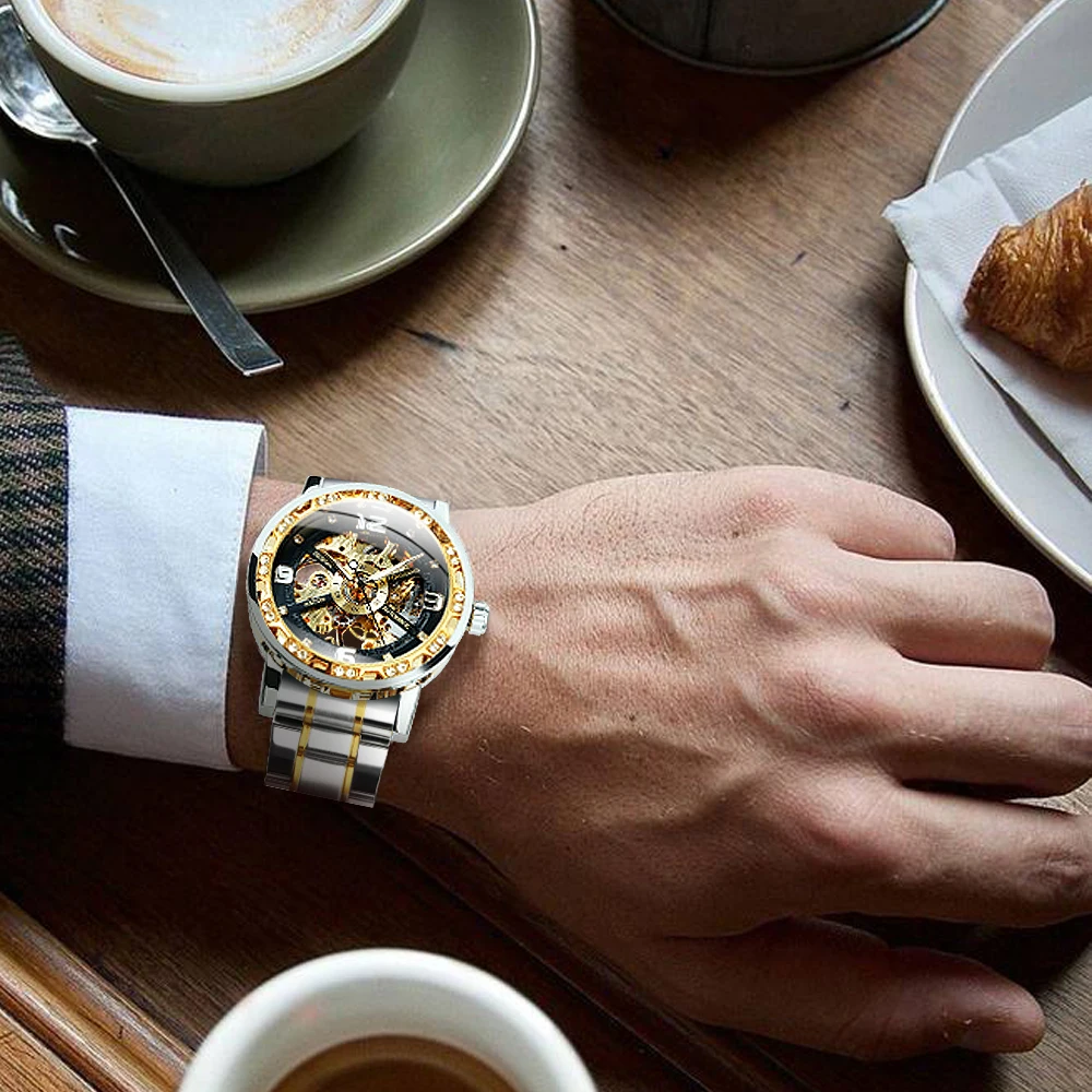 Reloj Mecánico Forsining Retro para hombre, relojes de lujo con esqueleto helado dorado, manecillas luminosas, relojes de pulsera con correa de acero inoxidable