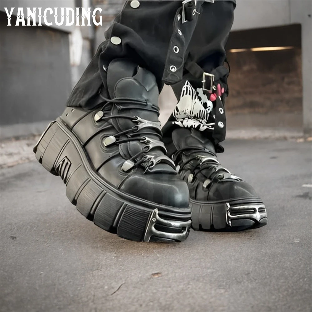 Black Goth Sneakers for Women Metal Platform Leather Shoes Punk Style Lace-Up Motorcycle Shoes Lace-Up Y2K Punk Style Shoes Sale