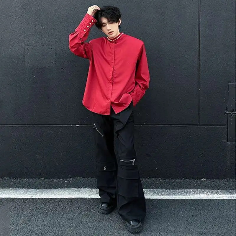 LUZHEN اللؤلؤ تزيين 2025 المرقعة الربيع الوقوف الرقبة جديد طويل الأكمام قمصان الرجال أنيقة بلون الذكور بلايز عادية JY4732 #6