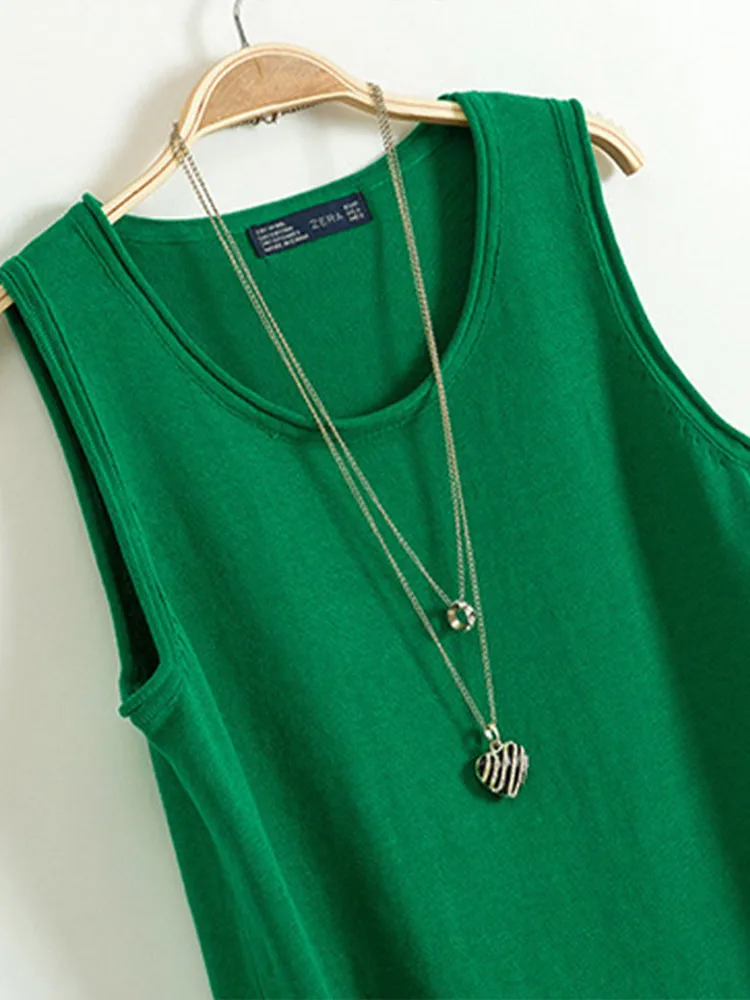 Camisola de algodón y lino para mujer, novedad de verano 2021, camisa baja de punto sin mangas en forma de I, ropa exterior corta, Top holgado liso