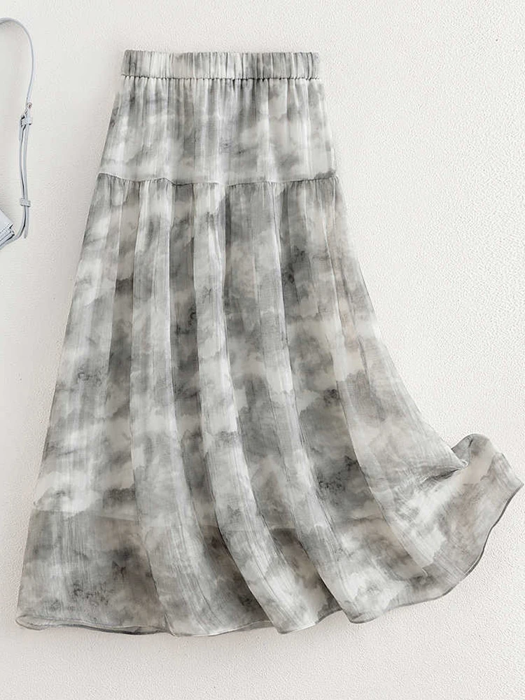 تنورة نسائية صيفية لعام 2025 بخصر عالٍ على شكل حرف a ميدي بتصميم منتشر حبر مائي تنورة تنحيف متعددة الاستخدامات